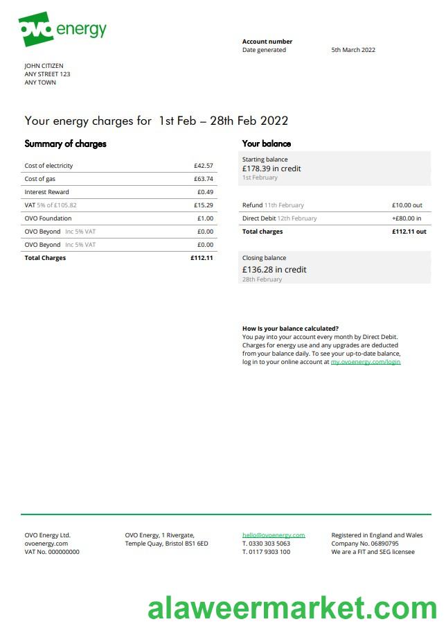 United Kingdom Ovo Energy electricity bill, Word and PDF template